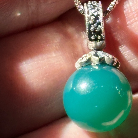 Sterling silver necklace Green Chalcedony, on box chain round pendant 1872 R - Picture 11 of 12